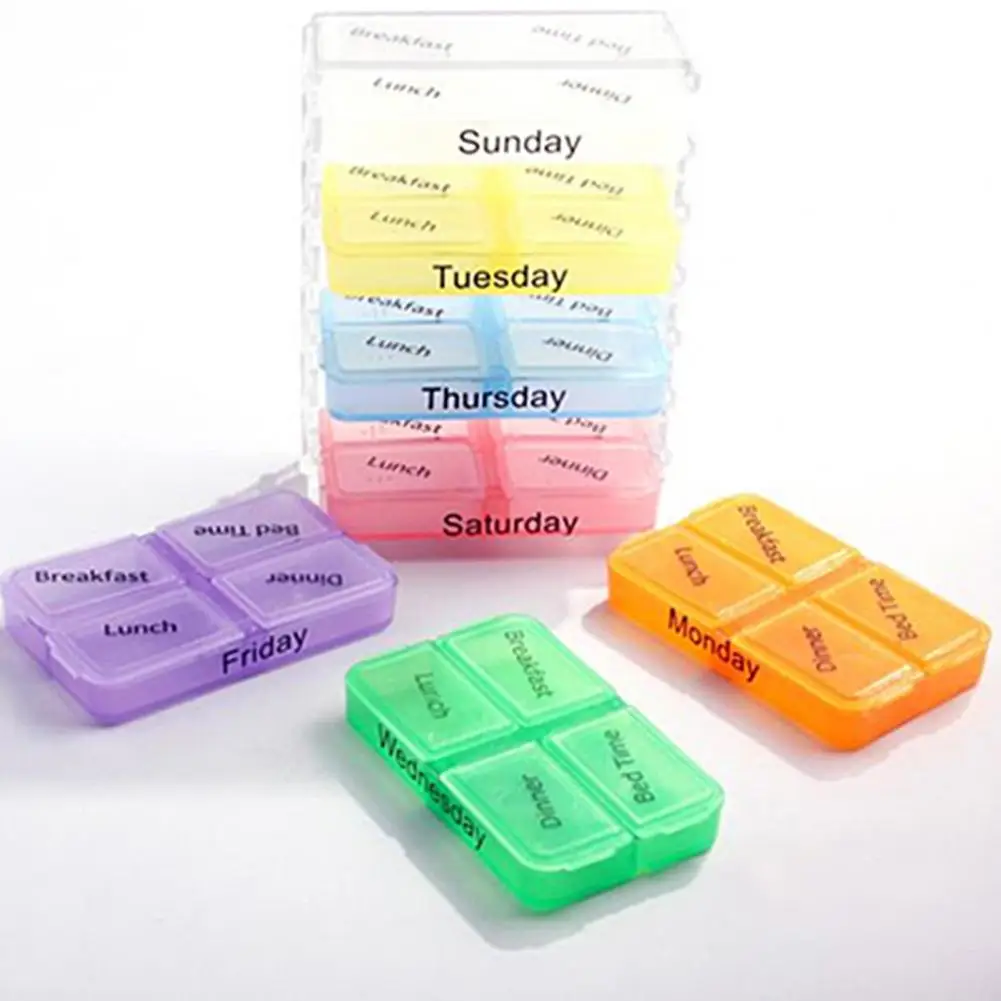 28Grids Pill Box Container 7-Day Medicine Weekly Drug Case Colorful Durable Detachable Pill Container for Outdoor