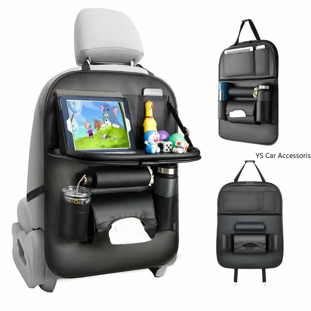 1* Car Seat Back Organizer PU Leather Kick Mat Storage Bag Foldable Car Seatback Table for Tablet Tissue Bottle Car Trip for Kid