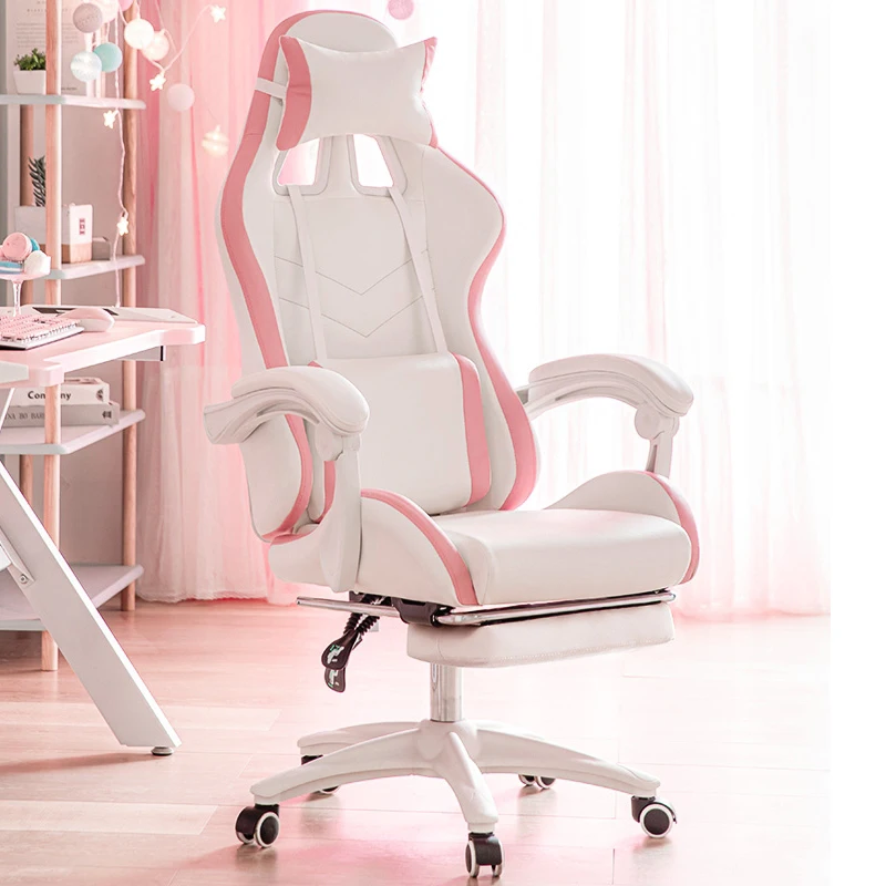 WCG Cute Pink Gaming Chair with Leg Rest Girl Home Office Computer Chair Ergonomic Internet Café Gaming Chair Lift Spin 2023