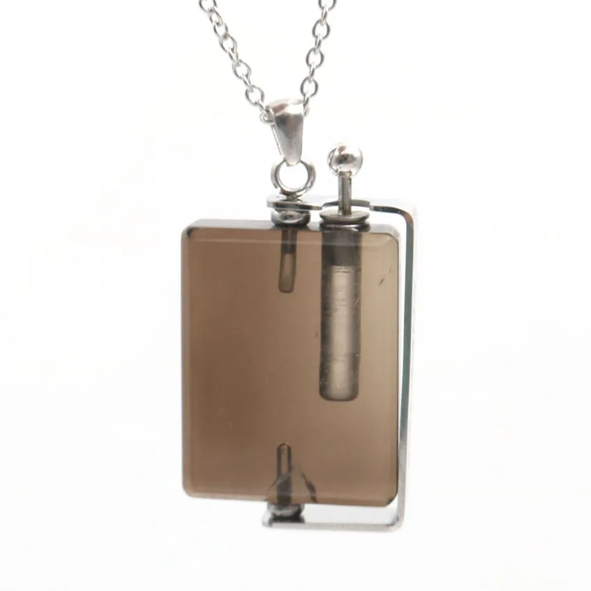 

Silver Plated Rectangle Shape Smoky Quartzs Perfume Bottle Pendant Link Chain Necklace for Elegant Women Jewelry