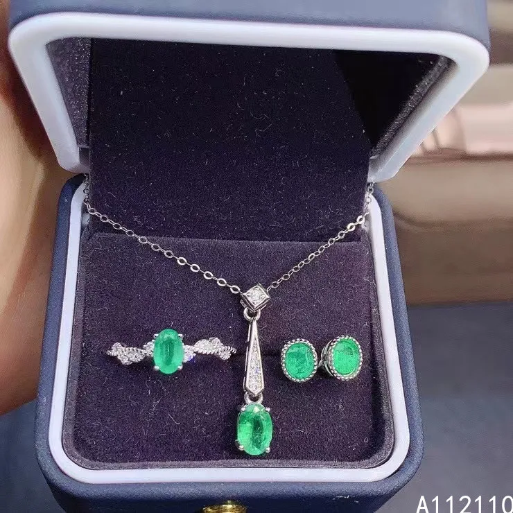 

Fine Jewelry 925 Pure Silver Inset With Natural Gem Women's Luxury Fashion Plant Emerald Pendant Ring Earring Set Support Detect