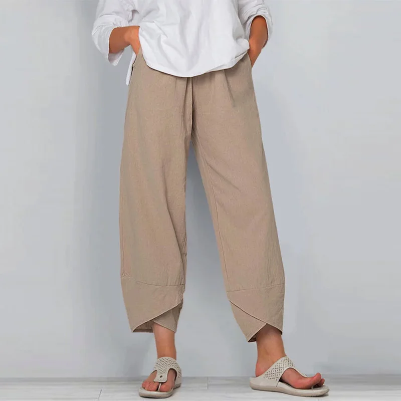 Impressão do vintage calças femininas moda irregular casual cintura alta elástica em linha reta calças soltas verão senhora carga pantalon