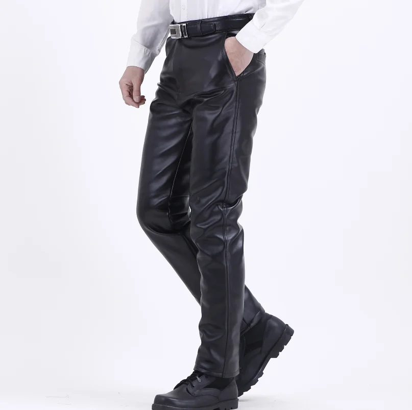 Men's PU Leather Straight Pants Winter Warm Elastic Lightweight Casual Trousers Male Regular Full Length Pants