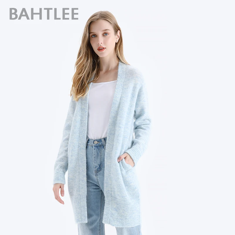 BAHTLEE-Women\'s Mohair Cardigan Sweater, Wool Knitted Jumper, Loose Coat, V-Neck, Long Sleeves, 6 Colors, Autumn