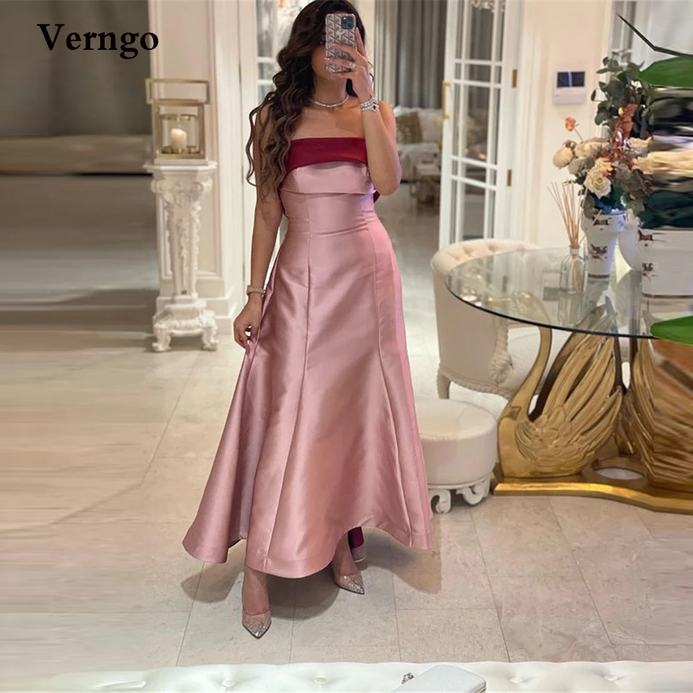 Verngo Blush Pink Satin Long Evening Dresses Ankle Length Strapless Simple Prom Dress Saudi Arabic Women Formal Party Dress