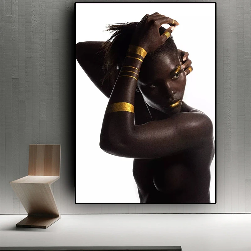 

Black Gold African Nude Woman Oil Painting on Canvas Scandinavian Posters and Prints Cuadros Wall Art Picture for living room