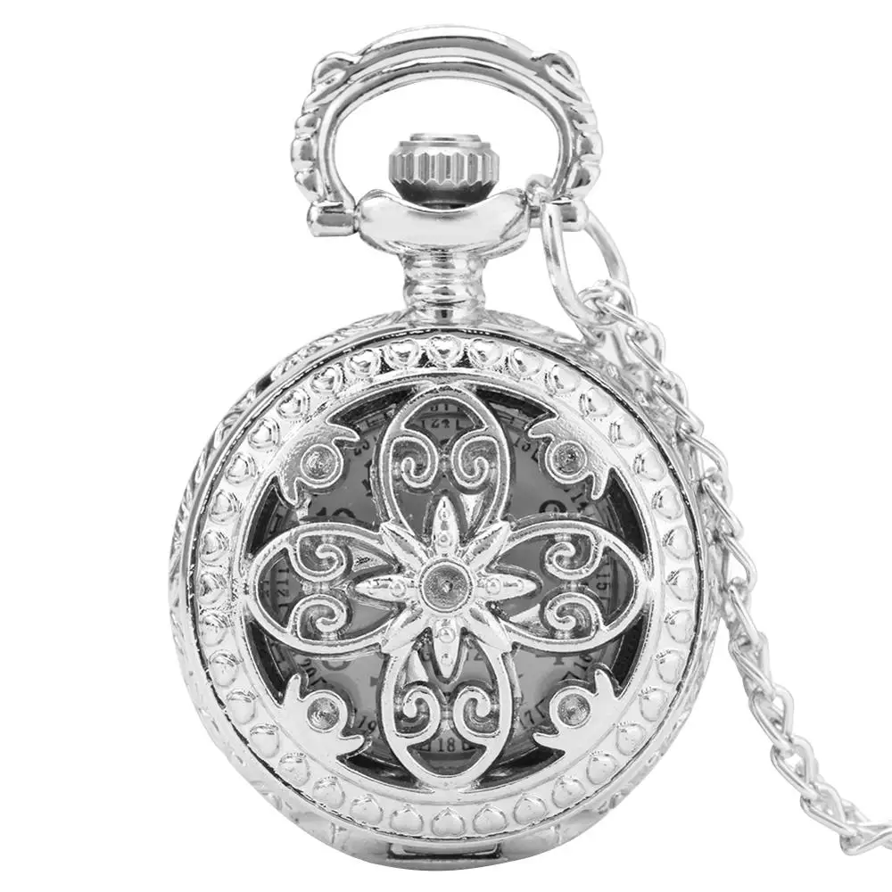 Little Small Cute Exquisite Silver Hollow Flowers Quartz Pocket Watch Necklace Pendant Jewelry Watch with 80cm Sweater Chain