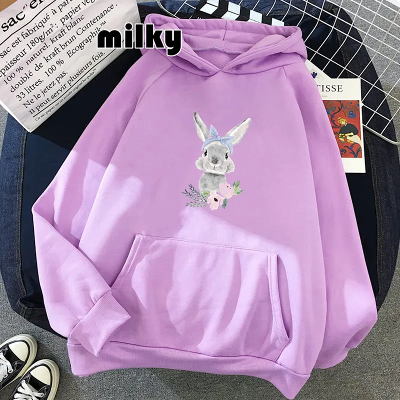 estilo coreano kawaii cartoon coelho moletom com capuz flor impressão feminina casual moletom com capuz menina tops hipster bonito outono