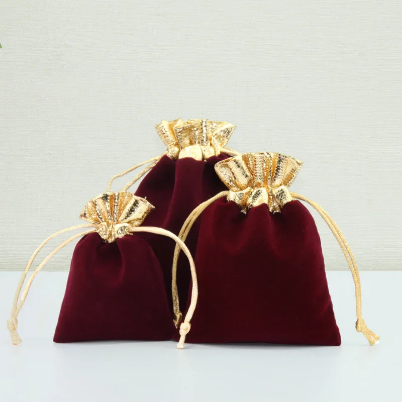 10 Pcs/Lot Christmas Package Golden Mouth Velvet Pouch with Drawstring Grand Flannel Jewelry Bags Wedding Candy Pocket