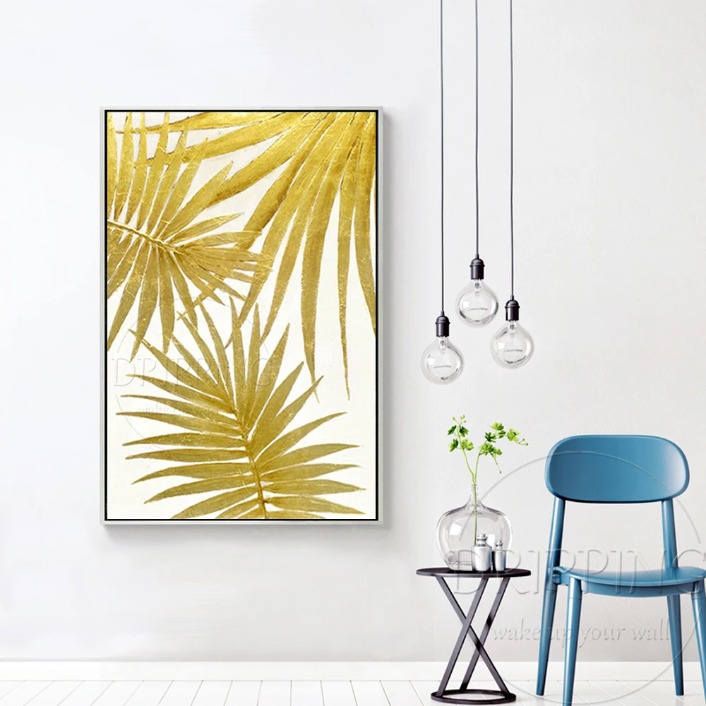 Pure Hand-painted High Quality Golden Colors Leaves Acrylic Painting on Canvas Beautiful Wall Art Golden Paints Leaves Painting