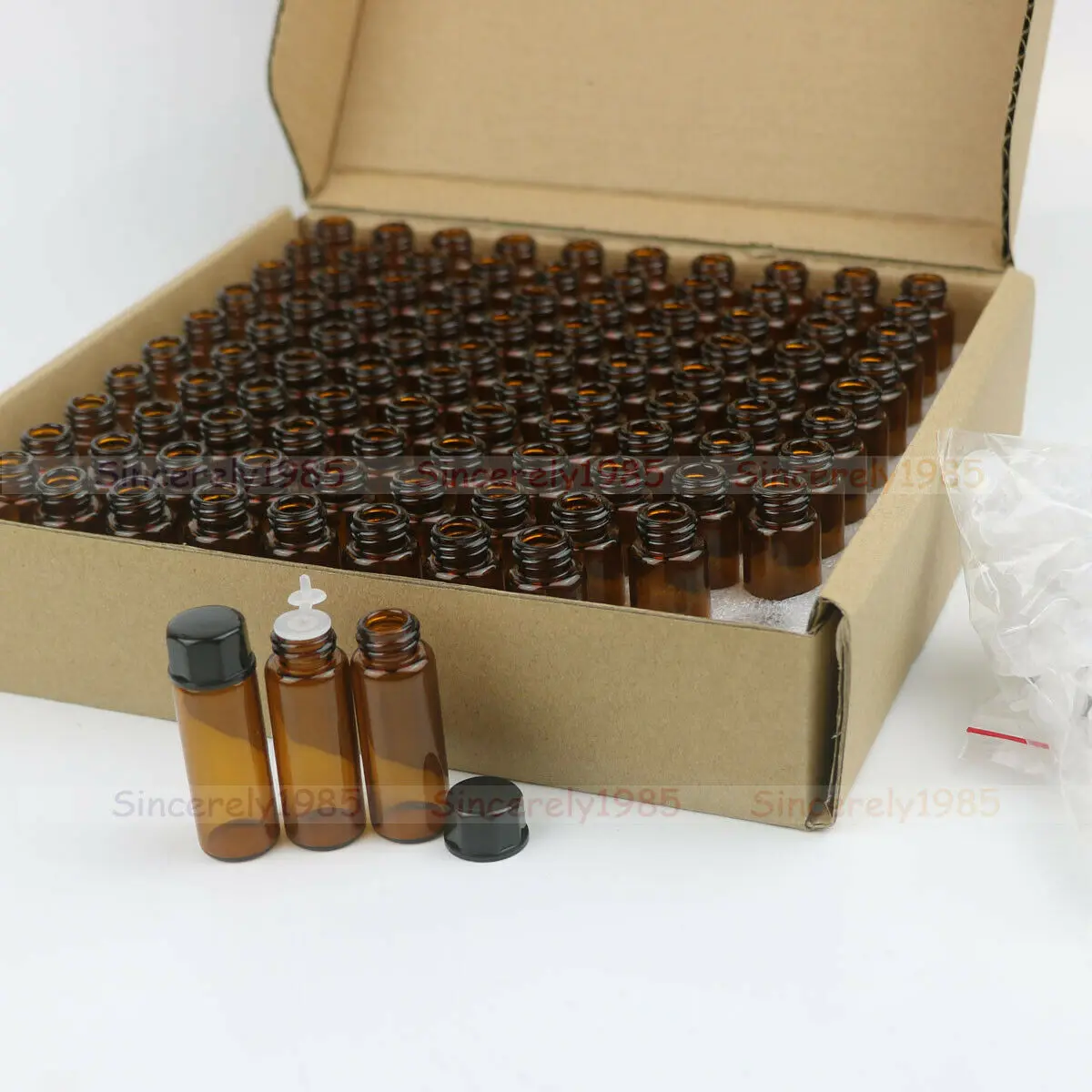 100pcs 1ml 2ml 3ml 5ml Drams Amber Glass Bottle Orifice reducer Insert Essential Oil Glass Vials Perfume Sample Test Bottle Box