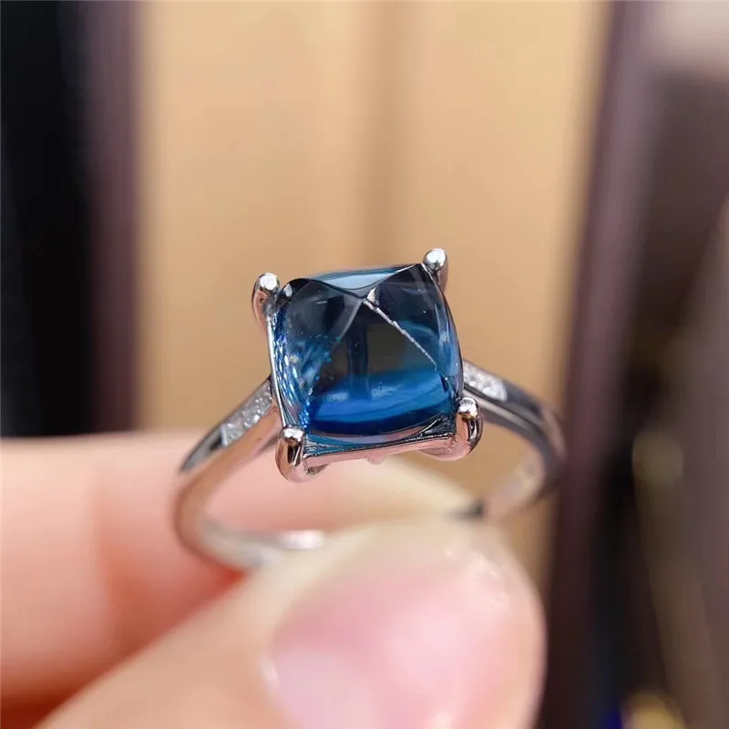 

8MM Square London Blue Topaz Ring for Women Anniversary Gift Real 925 Sterling Silver Natural Sugar Tower Gemstone Fine Jewelry