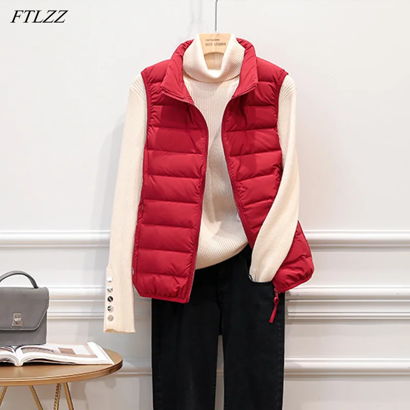 FTLZZ  Autumn Winter Ultra Light Down Vest Jacket Women Windbreak Sleeveless Short Coat  3XL White Duck Down Waistcoat