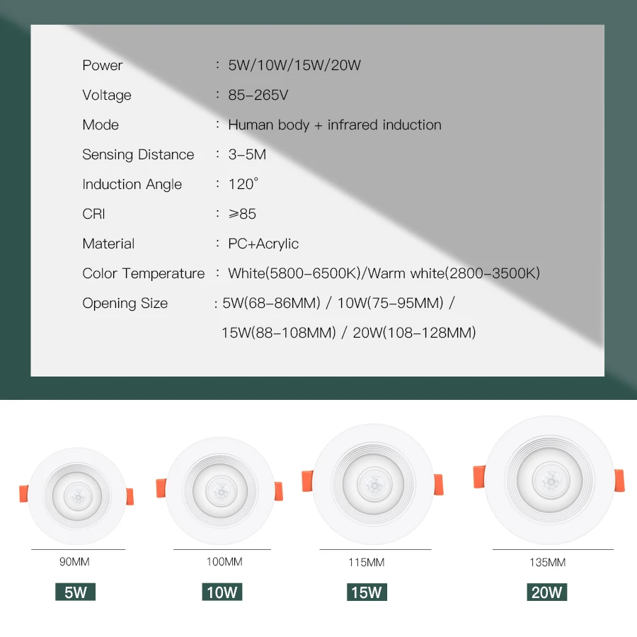 PIR czujnik ruchu Spot LED typu Downlight Lamparas 5W 10W 15W 20W inteligentny reflektor LED domu dla korytarz wejściowy korytarz schody Depot