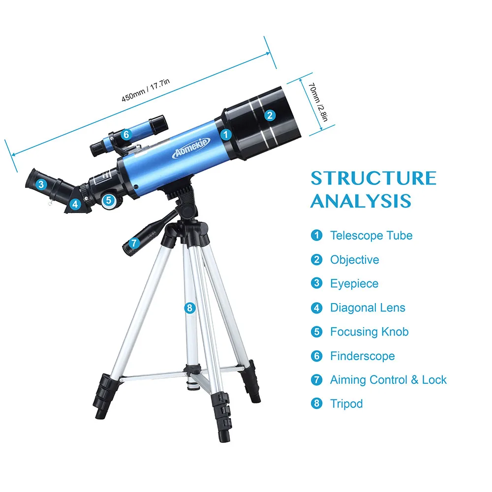 70mm Lens Astronomical Telescope with Adjustable Tripod Phone Adapter Erect-Image 16X/66X for Moon watching Beginner Kids Gift