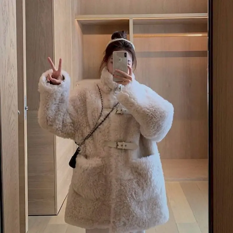 Granule Lamb Plush Mid-length Jackets Women Tide Ins Winter Korean Thick Cotton Clothes Large Size Fashion Casual Keep Warm Coat