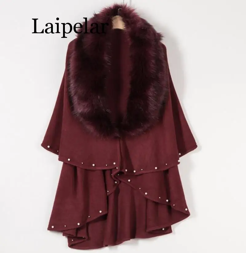 Doppel Schicht Fuchs Pelz Cape für Frauen Lange Gestrickte Kaschmir Schal Poncho Mantel Faux Pelz Neue Winter Sammlung