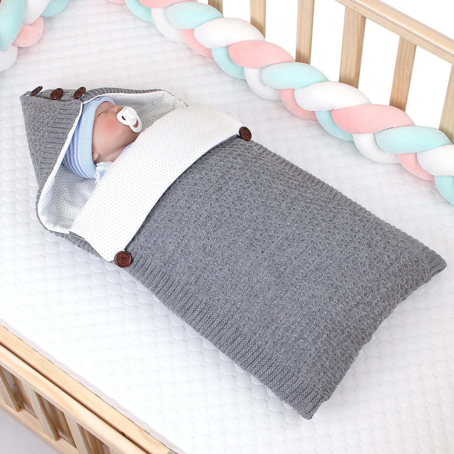 New Baby Knitted Sleeping Bag Spring Autumn Thicken Warm Baby Hooded Sleeping Bag Solid Color Newborn Envelope Anti-kick Quilt