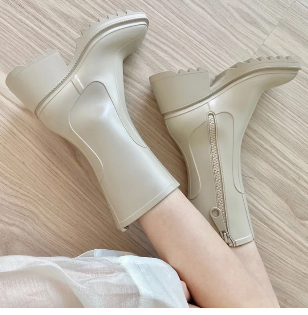 Platform Shoes Woman Chunky High Heels Square Toe Boots Woman Mid Calf Botas Mujer Ins Hot Zapatos De Mujer Rain Chelsea Boots