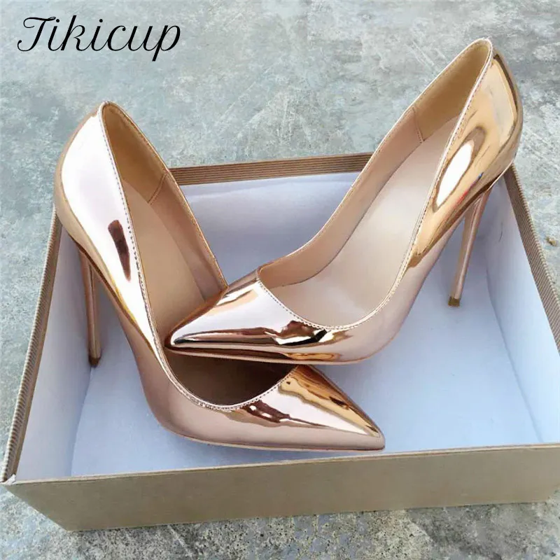 Tikicup Women Shiny Gold Pointed Toe Stiletto High Heels Sexy Ladies Patent Pumps 12cm 10cm 8cm Sparkly Wedding Bridal Shoes