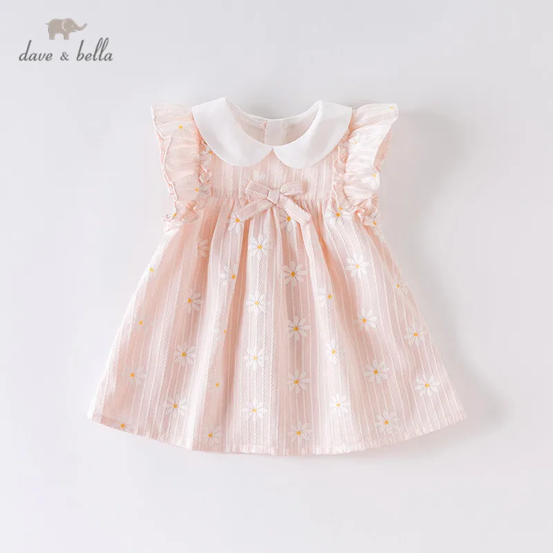 DBJ14119 dave bella summer baby girl\'s princess bow floral zipper dress children fashion party dress kids infant lolita clothes