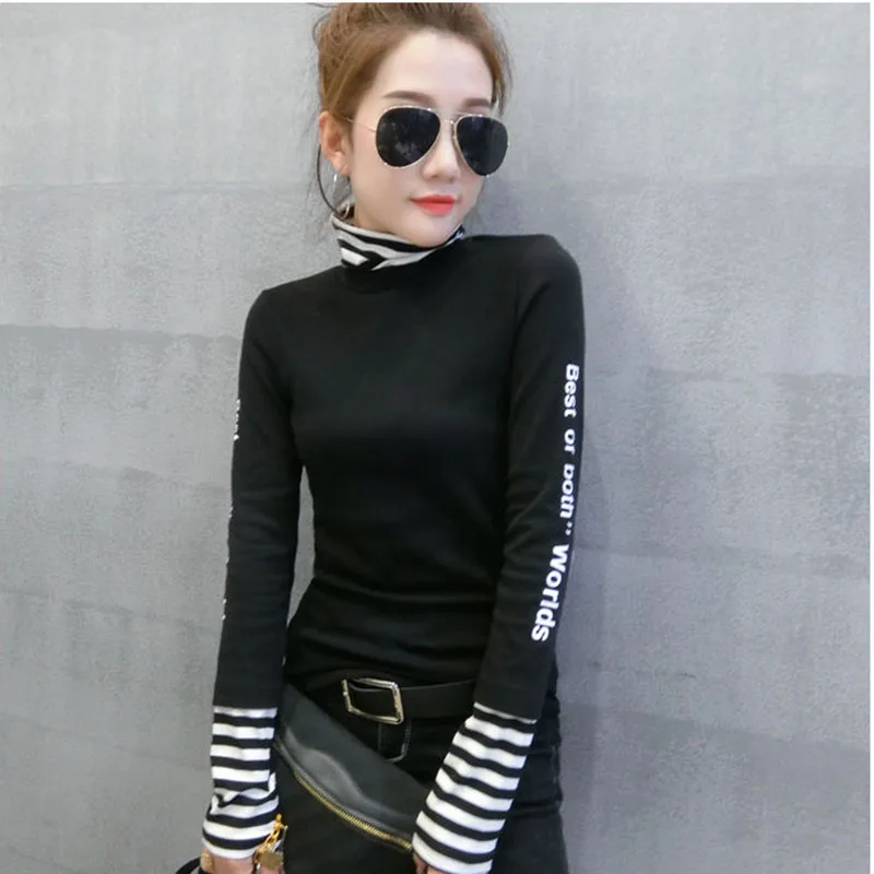 European Fashion Patchwork Striped Thick Broshed Tshirt Autumn Winter Long Sleeve Top Clothes Camiseta Mujer Shirt B1252