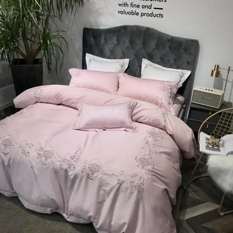 42 Pink Elegant embroidery 60S Egyptian cotton Bedding Set Duvet Cover Bed sheet Bed Linen Pillowcases 1/4/6pcs