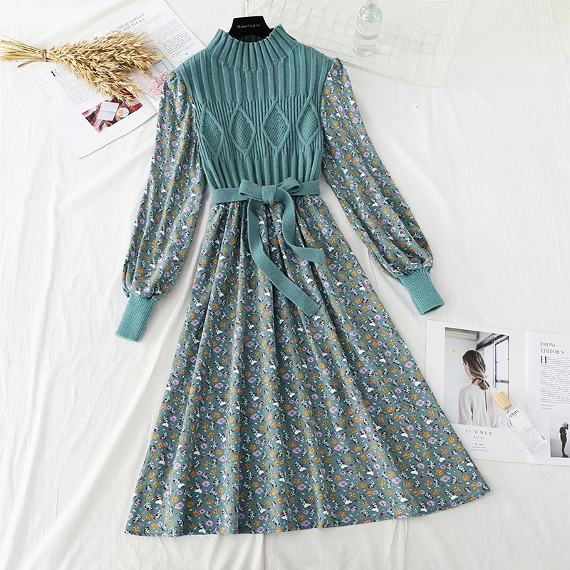 Autumn Sweater Dresses for Women Winter Splicing Pullover Bow Belt Slim Knitting Sweet Corduroy Floral Print Midi Dress Vestidos