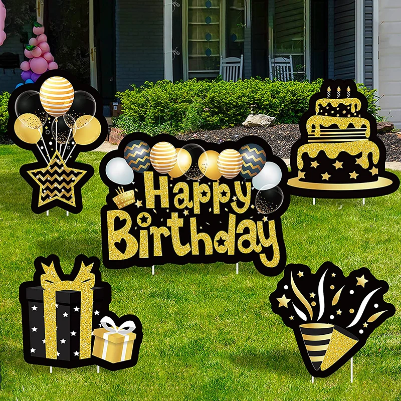 5Pcs Happy Birthday Yard Signs Black Gold Waterproof Lawn Garden Sign Outdoor Birthday Party Decoration Supplies Photo Props