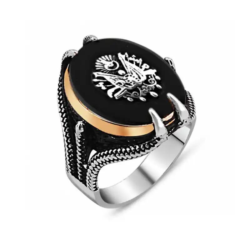 Silver Black Stone Eagle Claw Ottoman State Coat of Arms Men's Ring - 925 Sterling Men's Jewelry Wedding Birthday Gift - Box - agate Stone - Male - Fashion - Botiva - Size - Turkish - Patterned Embroidery