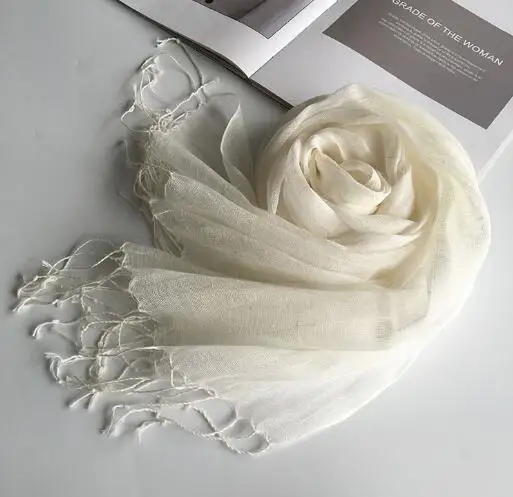 55*180cm Fashion Soft Solid Women 100% Linen Flax Tassel Scarf Summer Travel Sunscreen Long Shawl Elegant Hijab Women Foulard