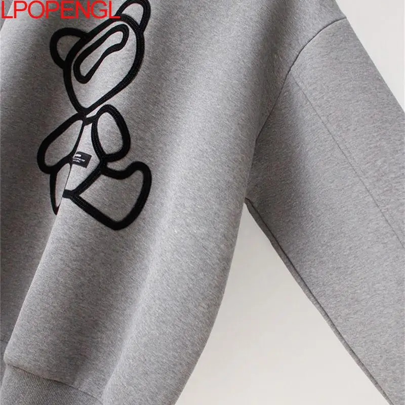 Women Hoodies Korean Kawaii Cartoon Print Female Sweatshirts O Neck Long Sleeve Thick Outwear  Oversize Casual  Pullovers Top