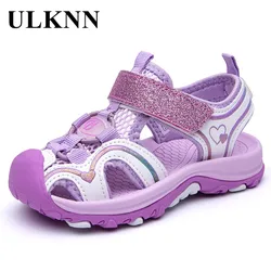 ULKNN Girl'S Sandals 2024 Fashion Summer Shoe Big KIDS Closed-toe Sports Beach Shoes Baby PURPLE PINK BAOTOU SANDALS