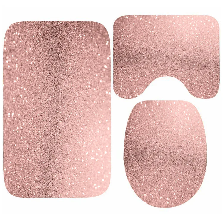 Elegant Rose Gold Glitter Bathroom Home Decor Girly Sparkle Toilet Mat Rug Carpet Bathroom Set Doormat Shower Floor Mat 3PCS