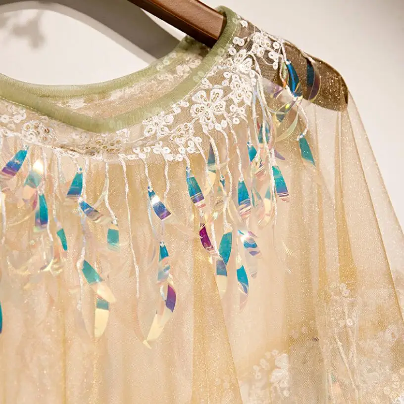 Women's Spring Summer shiny sequins tassel mesh Pashmina Female Summer Sunscreen Mesh Lace Shawl cloak R3485