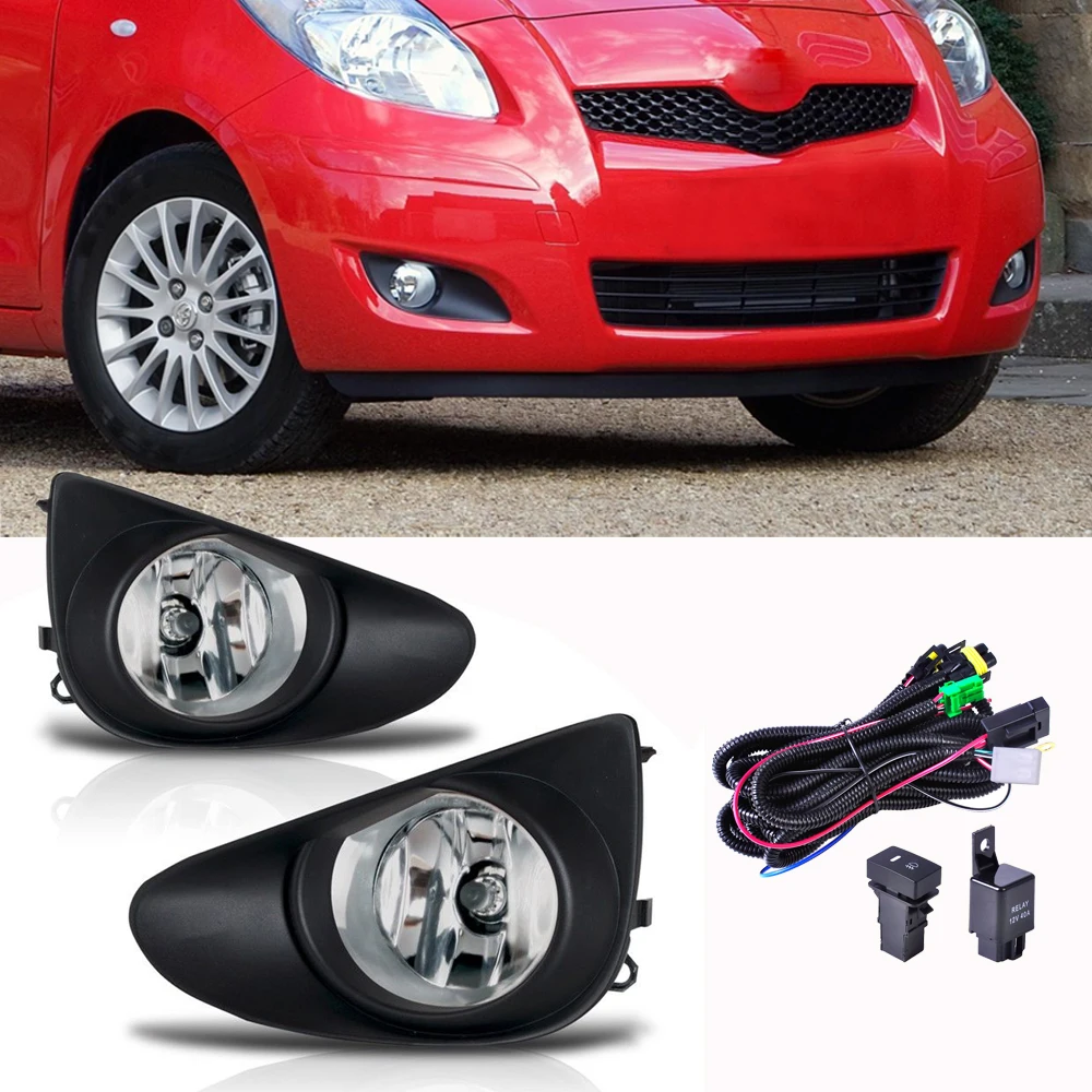 Pair Left&Right Front Clear Fog Lights +Wiring Harnes+Black Grille Cover For Toyota Yaris Sedan 4D 2007-2012