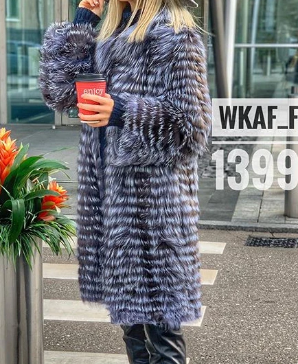 Women's Striped Real Silver Fox Fur Coat, Long Cardigen with Wool Lining, Big Size Clothes, Elegant Outwear, Spring, Lux18A09164
