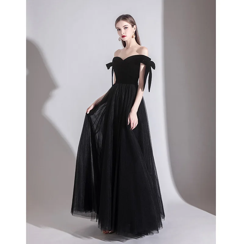 Charming Black Boat Neck Party Wear Dresses For Women Bow Sleeves Prom Gowns Lace Up Back  Robe De Soriee Vestido elegante