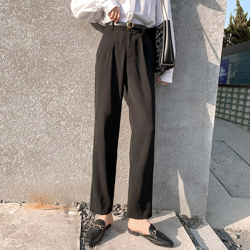 Seoulish 2021 New Casual Formal Women Straight Pants with Belt High Waist Female Workwear Elegant Trouses Pockets Spring Summer