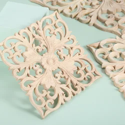 1pc 12cm/15cm Square Wood Carved Flower Decal Door Heart Decor Unpainted Hollow Plant Onlay Furniture Vintage Old European