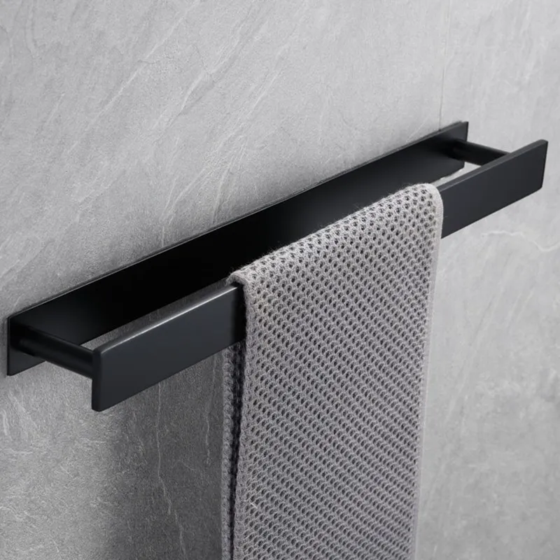 

Towel Clip Black Nail-free Glue Stainless Steel Bathroom Holder Towel Single Rod Wall Mount Hanging Towel Rack Hardware Pendant