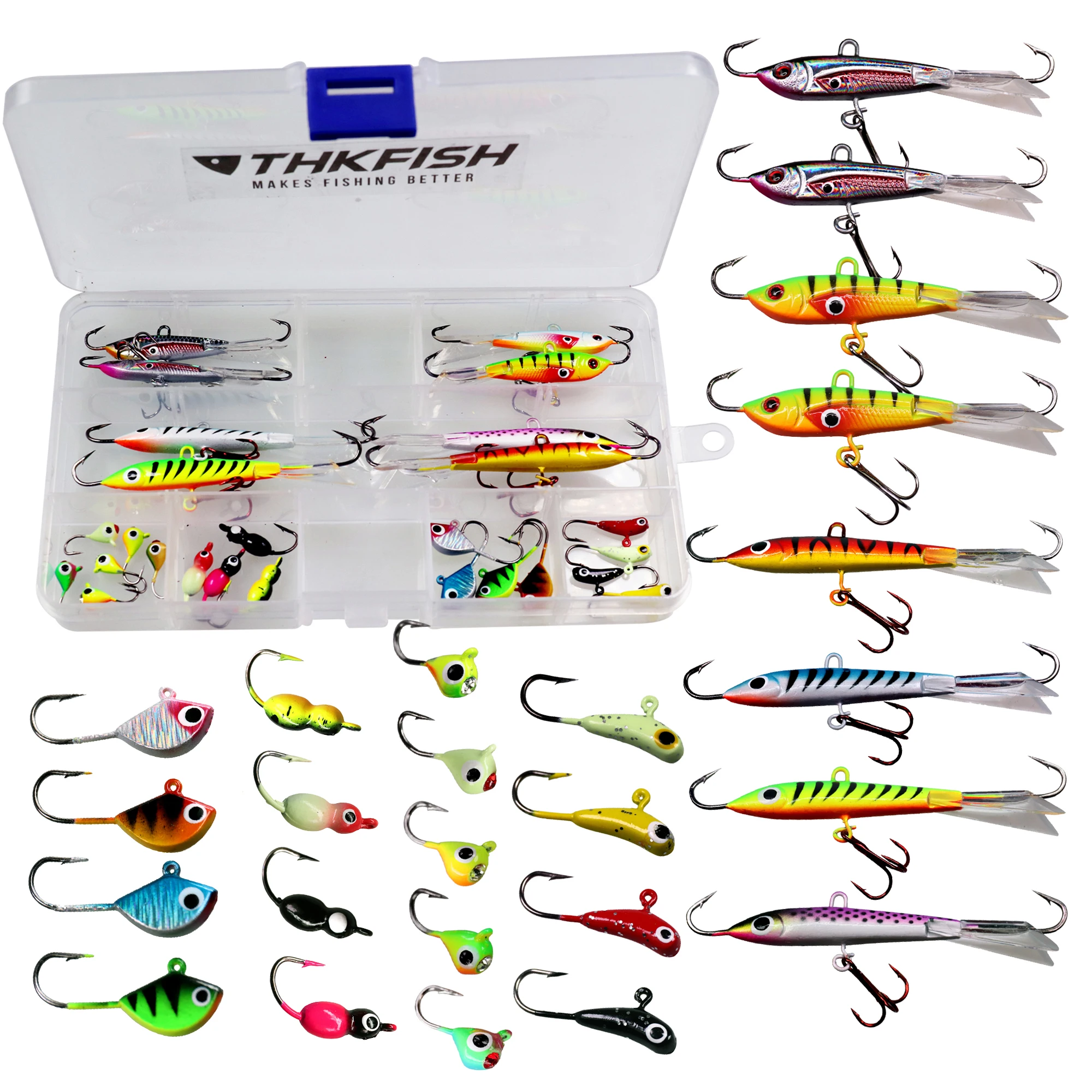 

26pcs Ice Fishing Lure Hooks Kit 1.1g-18g Winter Ice Fishing Jigs Head Barbed Hook Set Walleye Fishing Hard Lures