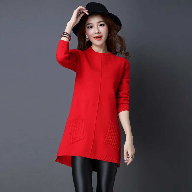 Fdfklak Autumn Winter Sweater New Women\'s Solid Color Loose Pullover Tops Long-Sleeved Pocket Knit Sweaters Dress Pull Femme 3XL