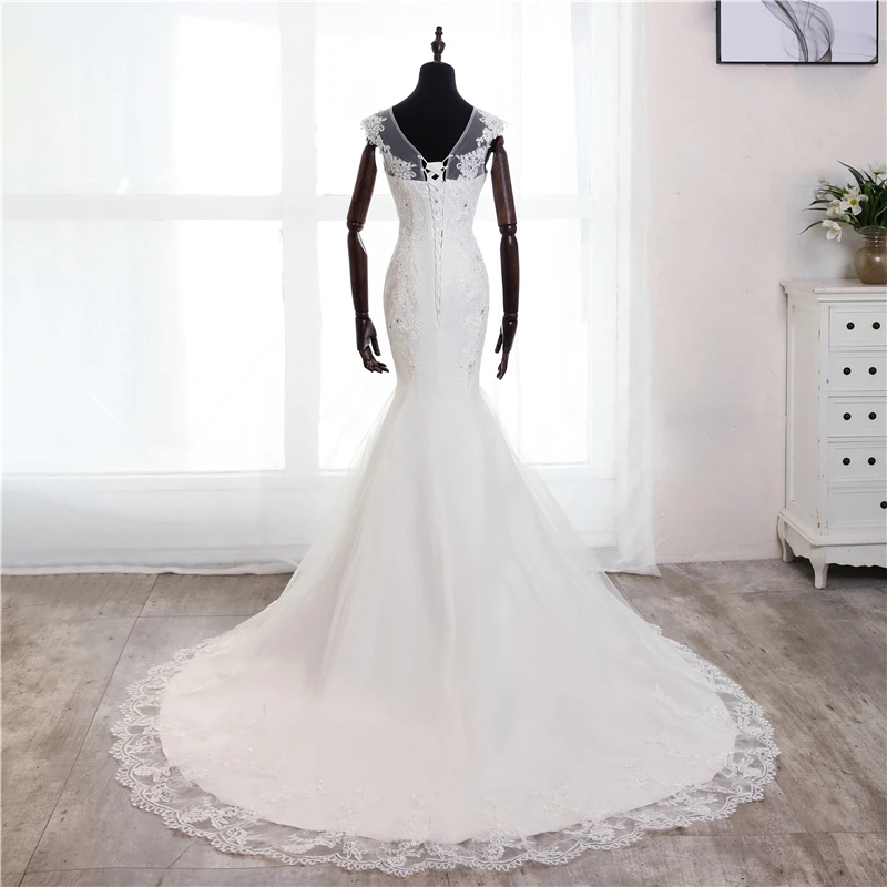 Customized hot sale train style Sweet O-neck beautiful lace wedding dress Vestido de noiva Mermaid wedding Cheap bridal gowns