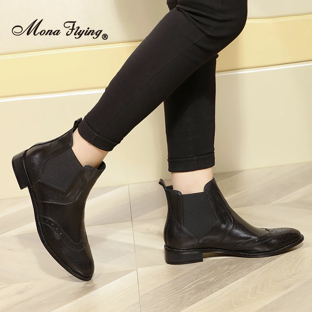 Mona Flying Women Leather Pull On Chelsea Ankle Boots Hand-made Ankle High Oxford Booties Shoes with Low Heels 068-31