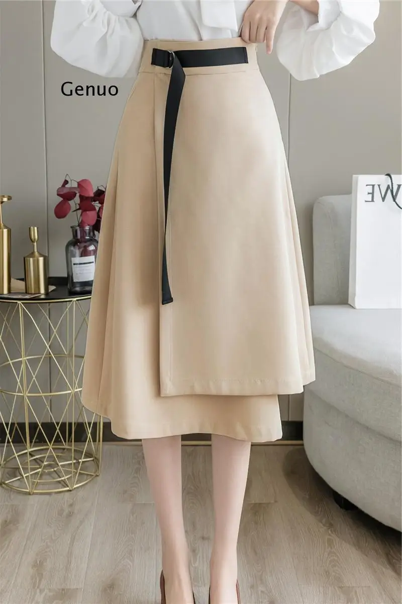 

Minimalism Autumn Fashion Solid Belt Women Skirt Causal High Waist Aline Irregular Hem Female Skirt