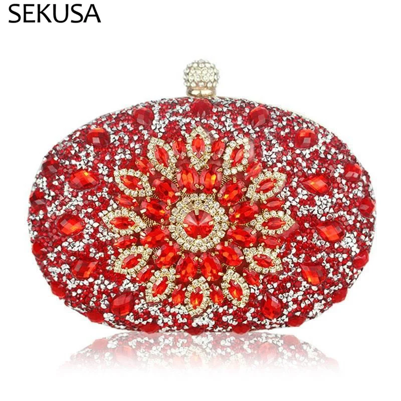 Egg Shaped Women Day Clutch Rhinestones Flower Design Party Wedding Handbags Purse Diamonds Lady Evening Bag