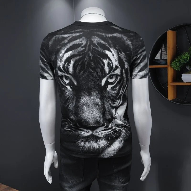 Quality High Cotton Summer Mens T-shirt Short Sleeve Gothic 3D Tiger Printed Pullover Tees Tops Slim Fit Casual T-shirts 5XL