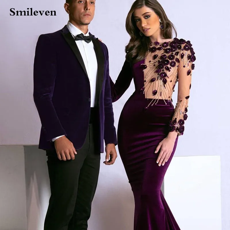 Smileven Caftan Purple Mermaid Evening Gowns Velvet Long Sleeve 3D Flowers Formal Party Dress Longo Prom Dresses Illusion Style