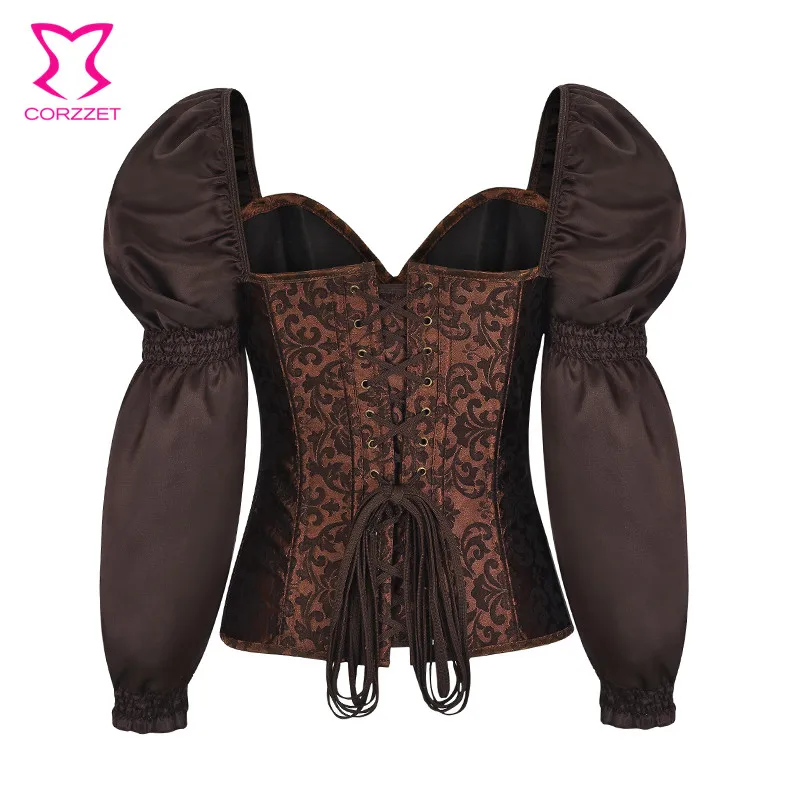 Brown Lantern Sleeve Steel Boned Victorian Corset Top Sexy Korsett For Women Plus Size Gothic Clothing Vintage Steampunk Clothes